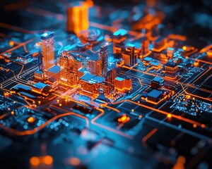 Poster - a hologram illustrating a smart logistics hub in the heart of a megacity.