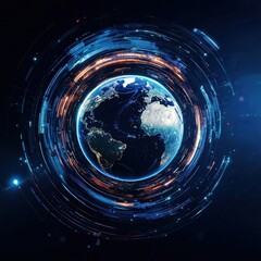Poster - a holographic earth spinning inside a futuristic energy core.