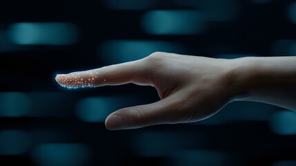 Poster - Elegant female hand with shimmering glitter particles on fingers against dark blue bokeh background, creating magical and ethereal atmosphere.