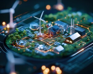 Poster - a holographic projection of an eco-friendly factory design.