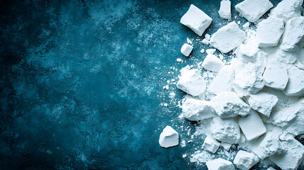 Poster - A close-up of white powdered substance scattered on a textured dark blue surface, showcasing contrasting colors and textures