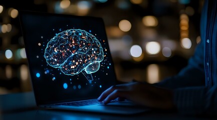 Poster - glowing digital brain hologram on laptop screen with bokeh background, representing artificial intel