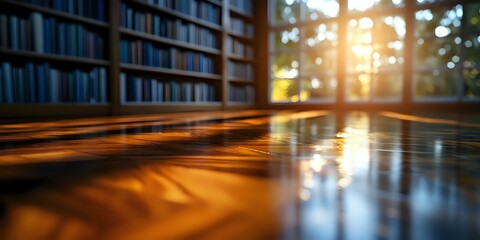 Poster - Sunlight streaming through window creates dramatic shadows on polished wooden floor, with blurred bookshelf background creating cozy library atmosphere at golden hour.