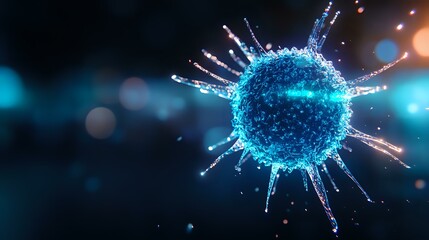 Poster - Glowing blue virus cell with spiky surface against dark background with bokeh light effects, scientific visualization of microscopic pathogen structure.