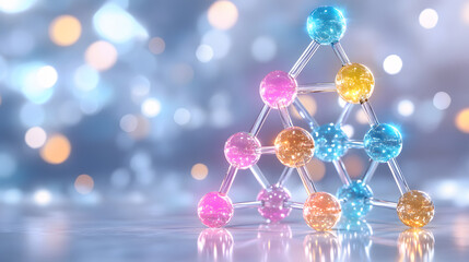 Poster - A colorful molecular structure stands against a blurred backdrop, showcasing vibrant spheres and connecting lines, evoking a sense of science and creativity