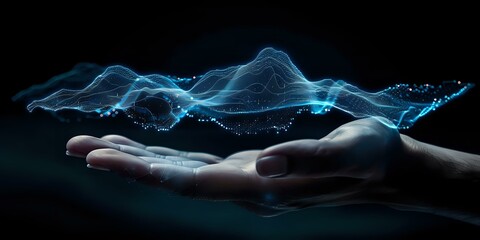 Poster - Mystical blue energy wave floating above outstretched palm against dark background, glowing particles creating ethereal atmospheric effect for spiritual concepts.