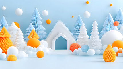 Poster - A whimsical winter landscape featuring colorful geometric trees, a snowy structure, and playful spheres against a blue background