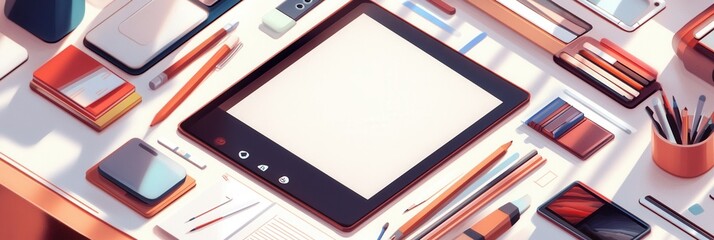 Poster - Creative workspace filled with diverse artistic tools including brushes, pencils, and digital tablets arranged thoughtfully