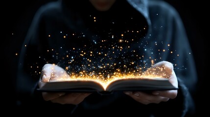 Poster - Magical glowing open book with sparkling golden light and particles floating in dark atmosphere, held by person wearing blue clothing. Mystical reading concept.