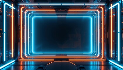 Poster - Futuristic Neon Portal Background with Blue and Orange Glowing Lights