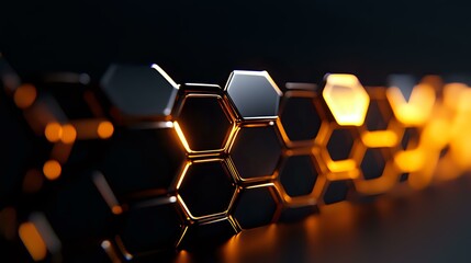 Aufkleber - Glowing hexagonal geometric pattern with orange light effect on dark background, modern technology concept for presentation backgrounds and tech designs.