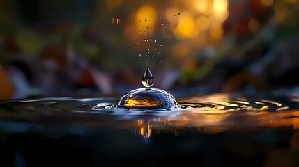Poster - Water drop impact creating crown splash formation with golden sunset bokeh background, captured in macro photography with dramatic lighting and reflection.
