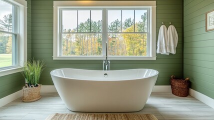 Poster - Soft sunlight spills into a peaceful bathroom adorned with dill green walls. A stylish freestanding tub centers the space, surrounded by lush greenery and warm textures, inviting relaxation