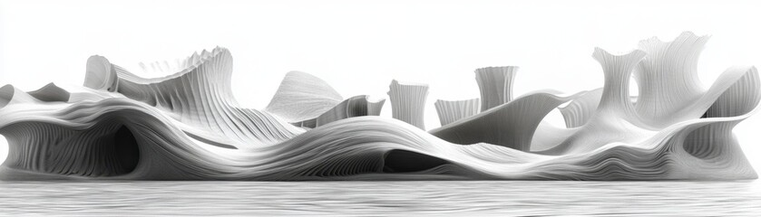Poster - abstract grayscale landscape of textured, wave like forms creating a dramatic and surreal scene. the