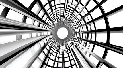 Fototapete - Abstract grayscale image depicting a spiraling tunnel like structure with repeating geometric patterns and a bright light at the end. The design features sharp lines and high contrast.
