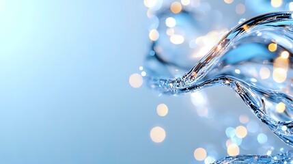 Poster - Dynamic water splash with flowing liquid stream against soft blue background with golden bokeh lights creating magical aqua motion effect.