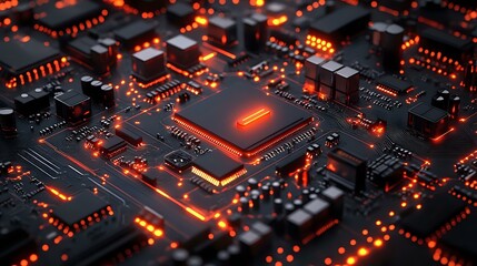 Poster - Glowing red microprocessor on dark circuit board with futuristic lighting effects, electronic components and integrated circuits creating modern tech pattern.