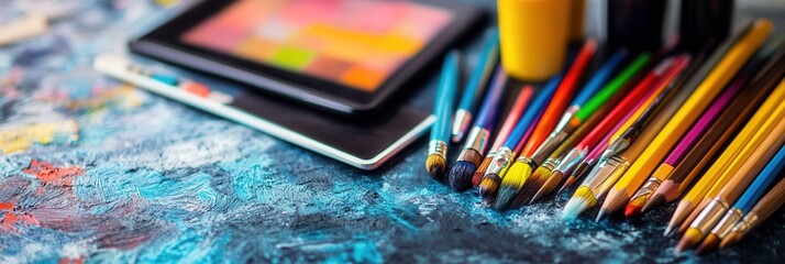 Poster - Creative workspace filled with artistic tools including brushes, pencils, and digital tablets for vibrant artistic projects