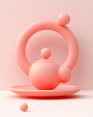 Poster - Abstract pastel pink 3D render of spheres and curved forms on a plate against a textured background. Minimalist and modern design.