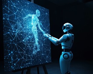 Poster - A robot artist painting glowing constellations onto a blank canvas.