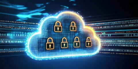 Poster - Endpoint cyber security defense. Digital cloud with security locks representing data protection and cybersecurity.