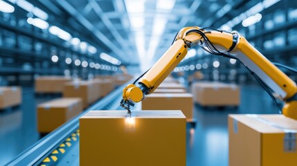 Poster - A robotic arm assembling modular furniture in a futuristic warehouse.