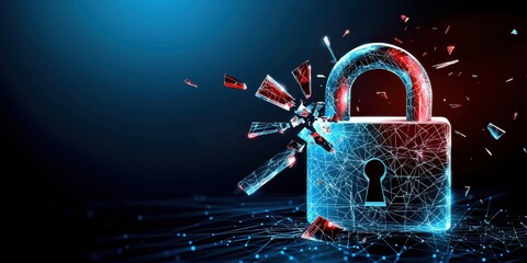 Poster - Endpoint cyber security defense. A digital padlock shattering with blue and red particles against a dark background.
