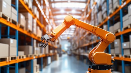 Poster - A robotic arm assembling modular furniture in a futuristic warehouse.