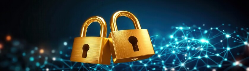 Poster - Endpoint cyber security defense. Golden padlocks symbolizing security and protection over digital connections.