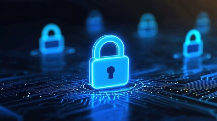 Fototapete - endpoint cyber security defense. digital locks illuminated on a circuit board symbolize cybersecurit
