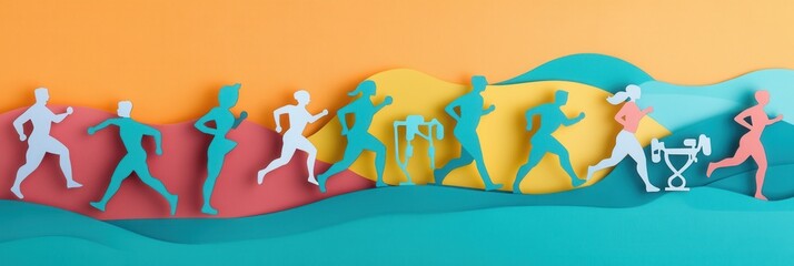 Aufkleber - Dynamic sports themed paper cutout illustration featuring running figures and gym equipment in vibrant colors