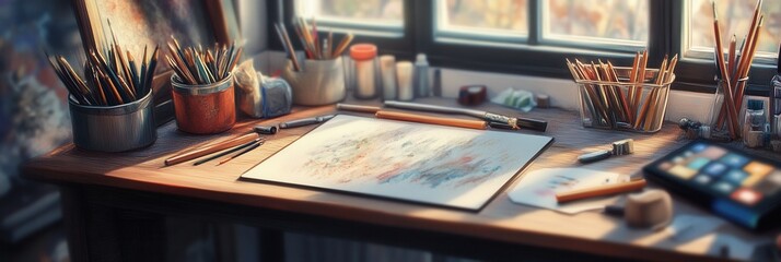 Poster - Creative tools and artistic workspace filled with brushes, pencils, and digital tablets at afternoon light