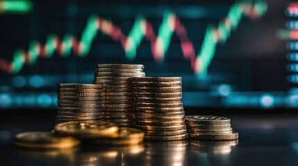 Poster - Stacks of coins with financial market background