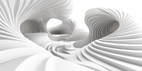 Poster - Abstract white 3D rendering of swirling, layered forms creating a dynamic, otherworldly landscape. The image evokes a sense of movement and depth.