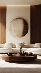 Poster - In a serene living area, a minimalist design showcases a soft sectional sofa and wooden round coffee table. The warm, earthy tones complemented by an art piece create tranquility and elegance