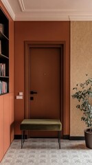 Poster - Welcoming entrance hall features warm terracotta walls, a sleek green bench, and stylish shelving, creating a cozy yet modern atmosphere that invites relaxation