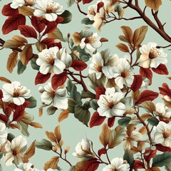 Poster - Seamless Charming repeating flower pattern with delicate petals and green leaves creating a lush and serene atmosphere