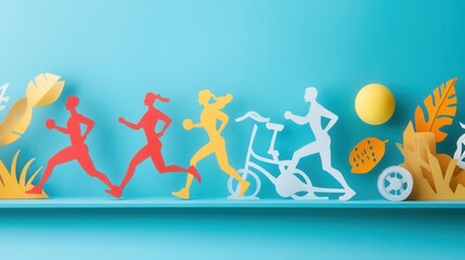 Poster - Dynamic paper cutout illustration depicting running figures and gym equipment showcasing energetic movement in a vibrant sports themed design