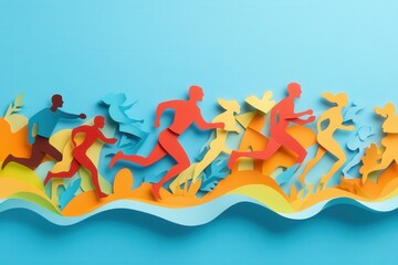 Aufkleber - Dynamic paper cutout design showcasing energetic figures in motion and gym equipment emphasizing fitness and active lifestyles