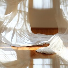 Poster - Seamless Elegant white curtain casting a soft shadow on a light surface creating an artistic play of light and texture