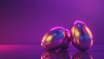 Poster - Glittering metallic easter eggs against a vibrant purple backdrop, illuminated by a neon light. The reflective surface creates a captivating and alluring visual