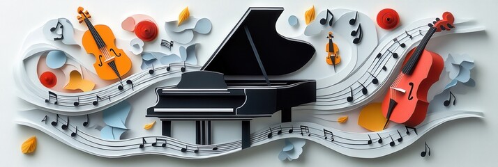 Fototapete - Dynamic paper craft of musical notes flowing around grand piano, violins, and trumpets in an artistic arrangement