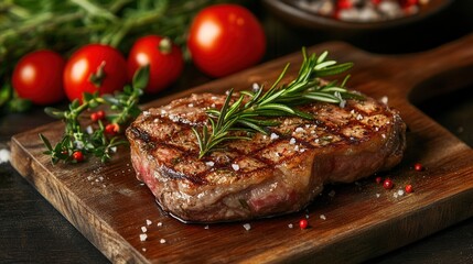 Aufkleber - Cook prepares a delicious steak with rosemary in a restaurant kitchen during a quiet evening
