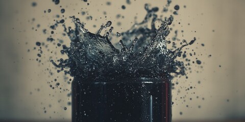 Poster - dark liquid splashing into a glass, creating a dramatic crown splash. the background is muted beige.