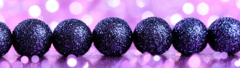 Poster - Close up of dark purple sparkly spheres against a bokeh background of lavender lights. The texture of the spheres is prominent.