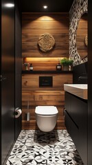 Poster - Intricate black and white geometric tiles adorn the floor of a chic bathroom, complemented by sleek wooden accents and contemporary fixtures, creating a harmonious space for relaxation