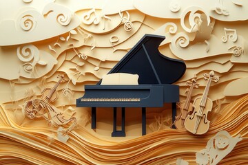 Poster - Musical notes flow dynamically around a grand piano, violins, and trumpets in a vibrant paper craft design celebrating music and creativity