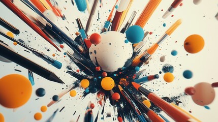 Poster - Creative workspace filled with vibrant brushes, pencils, and digital tablets scattered in high detail