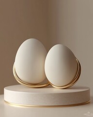 Poster - Two white eggs on a white pedestal with gold accents. Soft lighting creates shadows