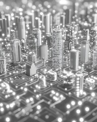 Poster - abstract grayscale cityscape digitally rendered on a circuit board, glowing lights representing buil